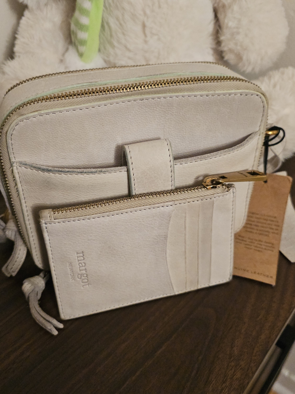 margot cream leather crossbody bag with card pouch and gold hardware